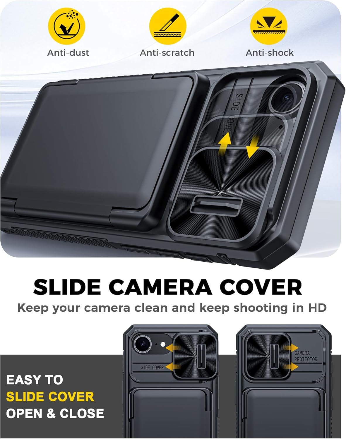 for iPhone 17e Case/iPhone 16e Case Wallet, Built-in Card Holder (4-5 Cards), RFID Blocking,Camera Control Button, Slide Camera Cover, Shockproof Rugged Phone Case for iPhone 17e/16e, Black