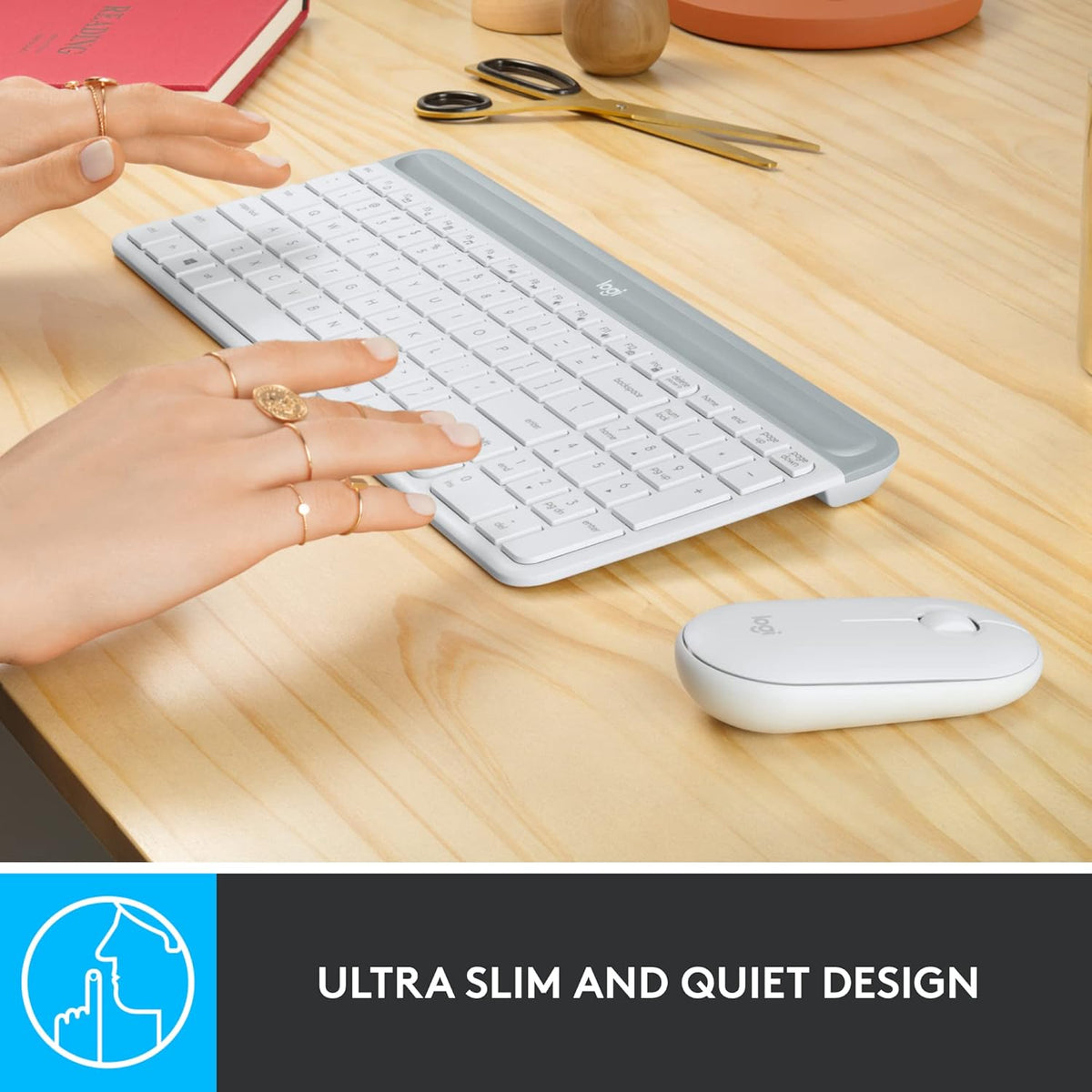 Logitech MK470 Slim Wireless Keyboard and Mouse Combo - Modern Compact Layout, Ultra Quiet, 2.4 GHz USB Receiver, Plug n' Play Connectivity, Compatible with Windows - Off White