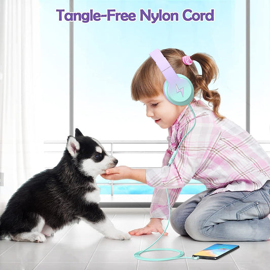Candy Bila Kids Headphones, Wired Headphones for Kids Over Ear with Microphone, 85/94dB Volume Limiter Headphone for Girls Boys, Foldable Headphone for Learning & Entertainment,Gradient Purple
