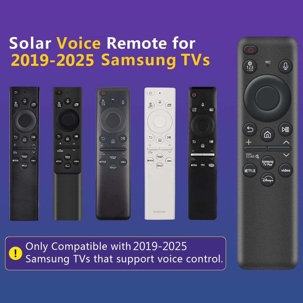 Rechargeable Voice Remote for Samsung Smart TVs, Replacement for 2019–2025 Samsung TV Remote Control with Solar Charging and Voice Search. 2-Year Warranty.