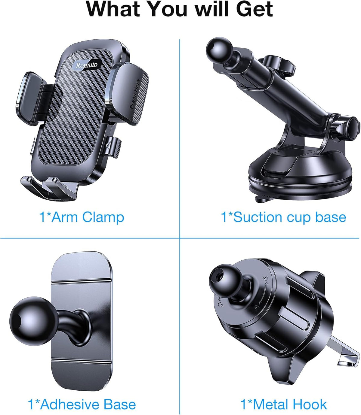 Romuto Phone Holders for Your Car Phone Holder Mount【Super Suction】 Cell Phone Mount for Car Accessories for Women Men Dashboard/Windshield/Vent Truck Stand Camera Mounts for iPhone Samsung