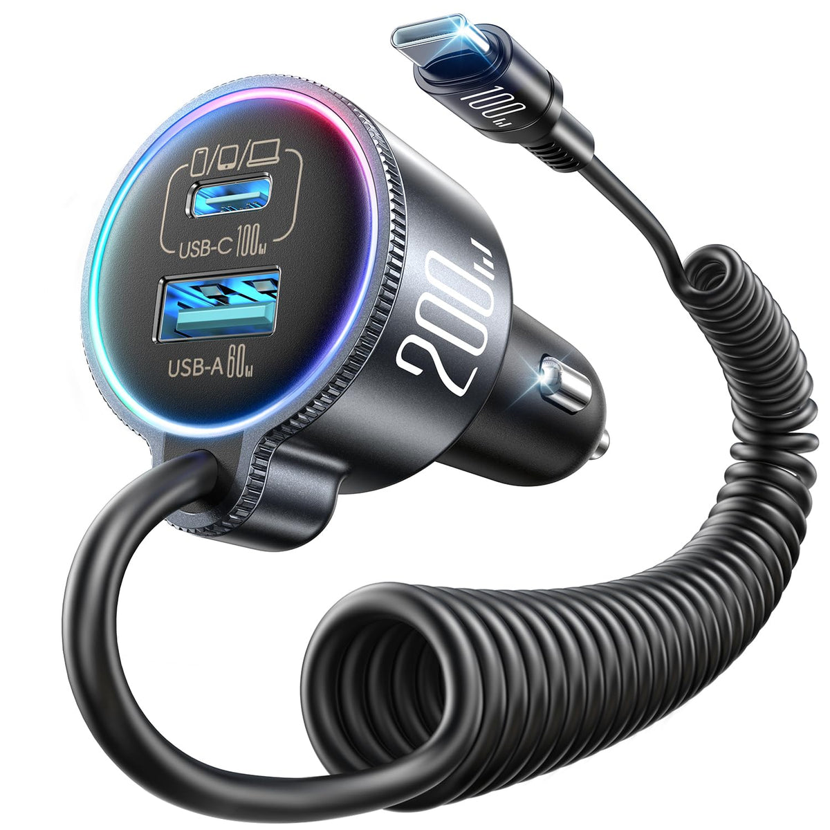 200W Car Charger USB C Fast Charge, PD100W Fast Car Charger Type C, PD3.0/QC4.0/PPS Cigarette Lighter Phone Adapter for iPhone 17 16 15 ProMax, MacBook Pro Air Laptop, Samsung S26/S25, Pixel, iPad Pro