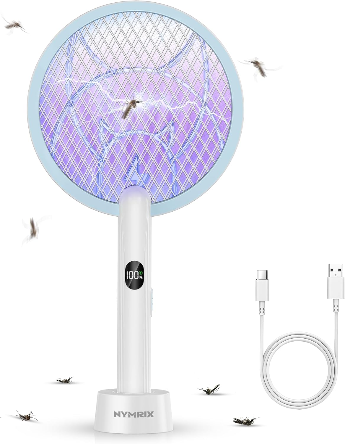 Electric Fly Swatter Racket, 2 in 1 Mosquito Bug Zapper 4100V Handheld Mosquito Killer with 1800 mAh Rechargeable Battery, Purple Light and 3-Layer Safety Mesh for Indoor Outdoor Blue
