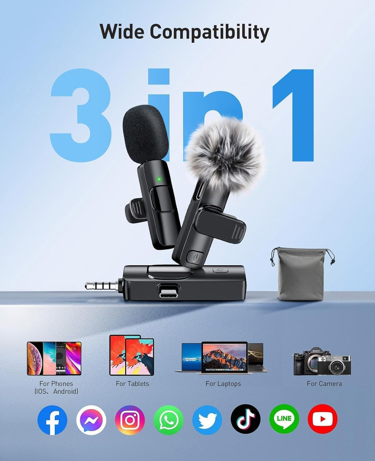MENERESAS 3-in-1 Mini Microphone for iPhone: Wireless Lavalier Microphones for iOS/Android/Camera - Noise Reduction Lapel Mic, Clip on Mic for Video Recording Vlog, YouTube, Interview