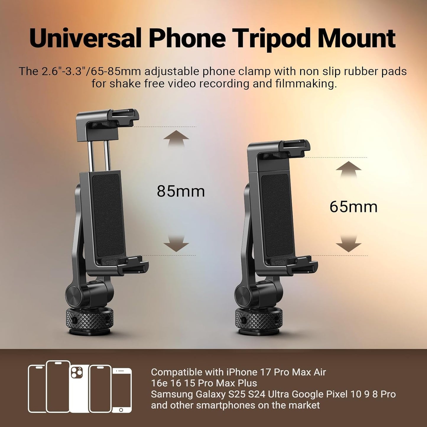 NEEWER Metal Phone Tripod Mount with Cold Shoes, 1/4" Thread, 180° Tilt, 360° Rotation, Adjustable Phone Clamp Holder Compatible with iPhone 17 Pro Max 16 15 Samsung S25 S24 Ultra Camera Cage, GA010