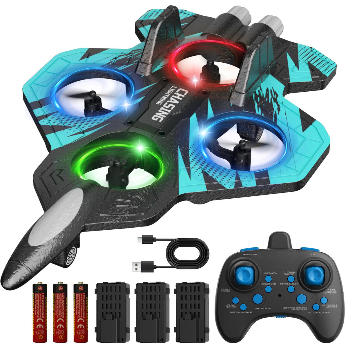 Foam RC Airplane with Cool Led Light, 360° Flip and Headless Mode, Remote Control Airplane RC Plane for Kids Adults Aged 6+, RC Flying Toy for Kids, Birthday Gift - Black Blue
