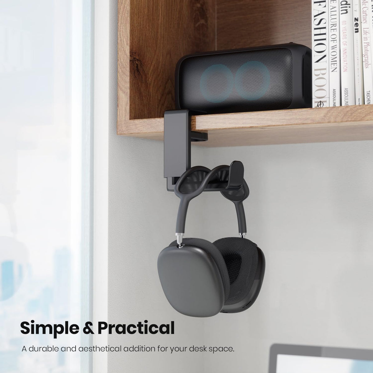 EURPMASK Rotating Headphone Stand - PC Gaming Headset Holder, Adjustable Clamp-on Under Desk Hanger With 360 Degree Swivel & Cable Clip Organizer - Black