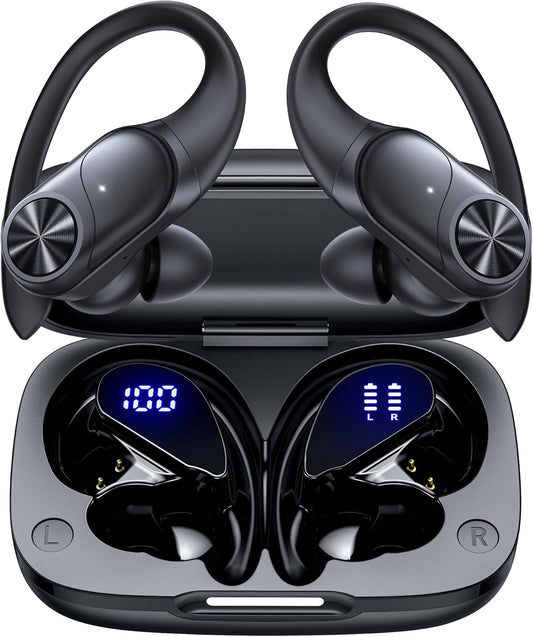 PocBuds Bluetooth Headphones Wireless Earbuds 80hrs Playtime Wireless Charging Case Digital Display Sports Ear Buds with Earhook Deep Bass IPX7 Waterproof Over-Ear Earphones for TV Phone Laptop Black