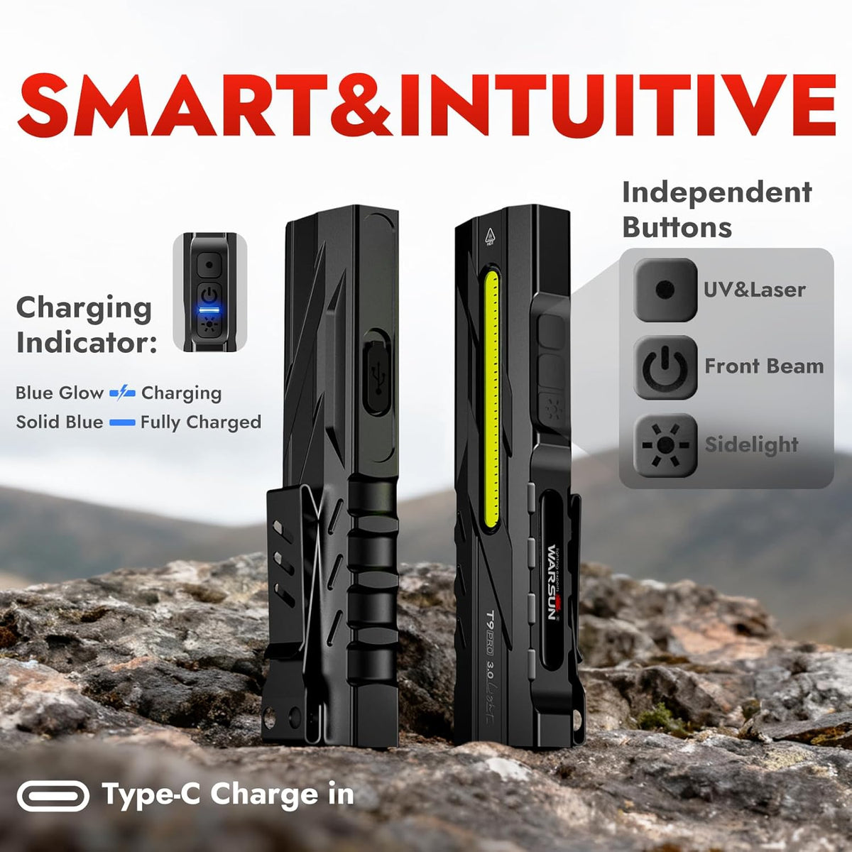 WARSUN T9 PRO Rechargeable EDC Flashlight – 1500 Lumens LED Pocket Flashlight, Magnetic Work Light with Clip for Dog Walking, Camping, Hiking, Car Repair, Night Walking and Everyday Carry