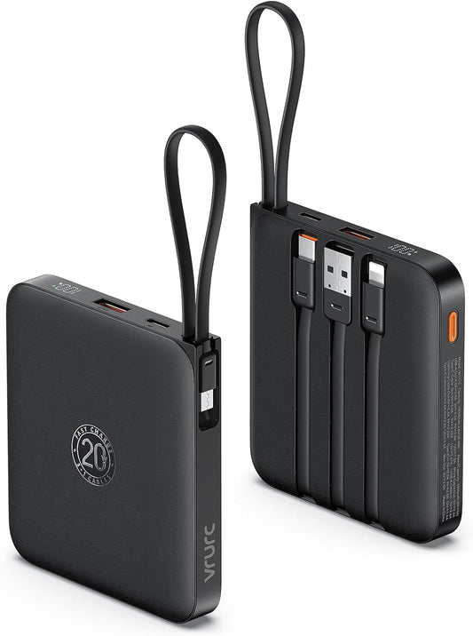VRURC Portable Charger with Built-in Cable, 10000mAh 22.5W Fast Charging USB C Battery Pack, Cell Phone Power Bank for iPhone 17 16 15 Samsung Galaxy S25 S24 S23 Series Android Tablet, Black(1 Pack)