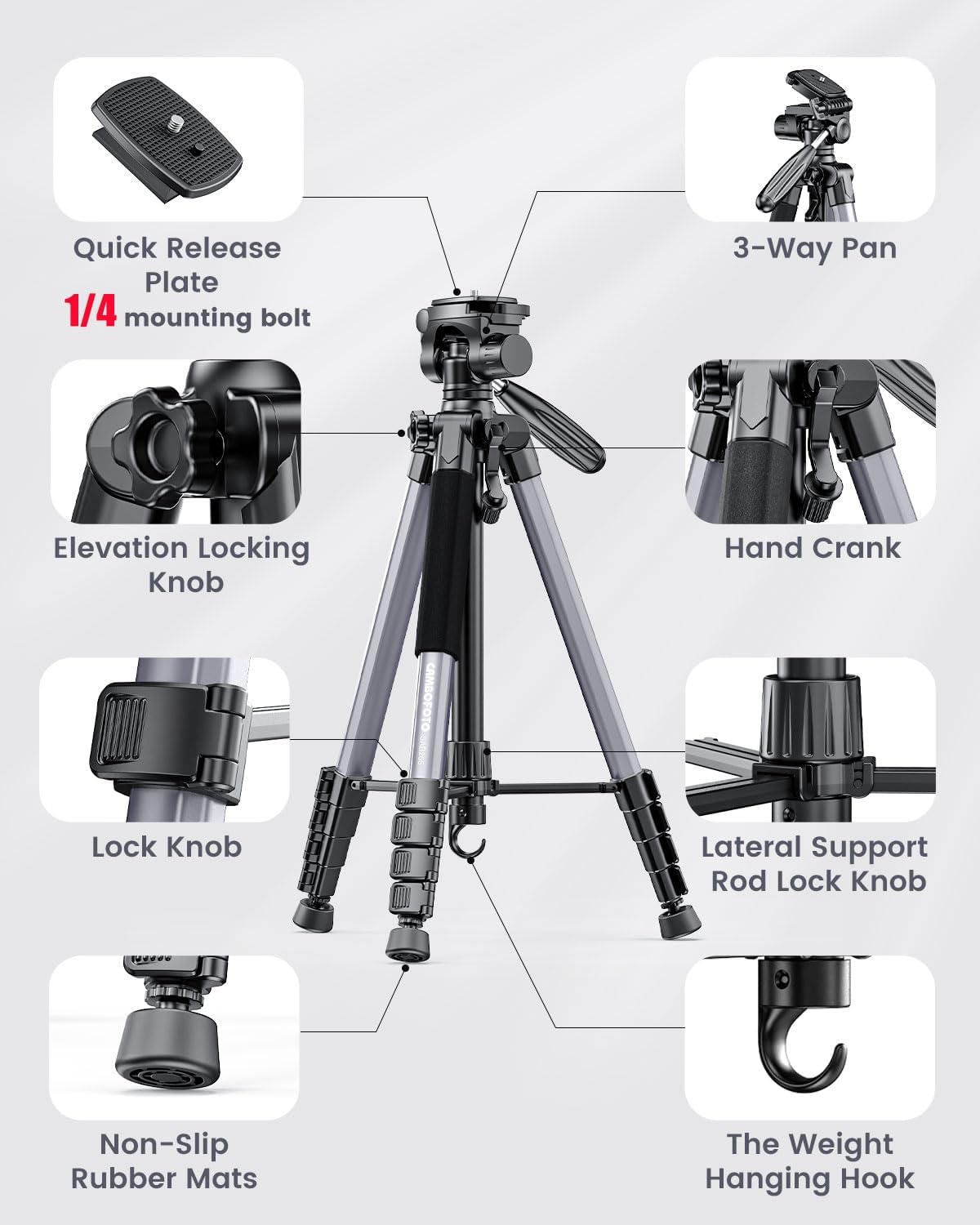 CAMBOFOTO 74″ Aluminum Camera Tripod – Heavy‐Duty Professional Tripod Stand for DSLR & Mirrorless Cameras, Smartphones & GoPro – Lightweight Travel Tripod with 360° Pan Head & Phone Mount