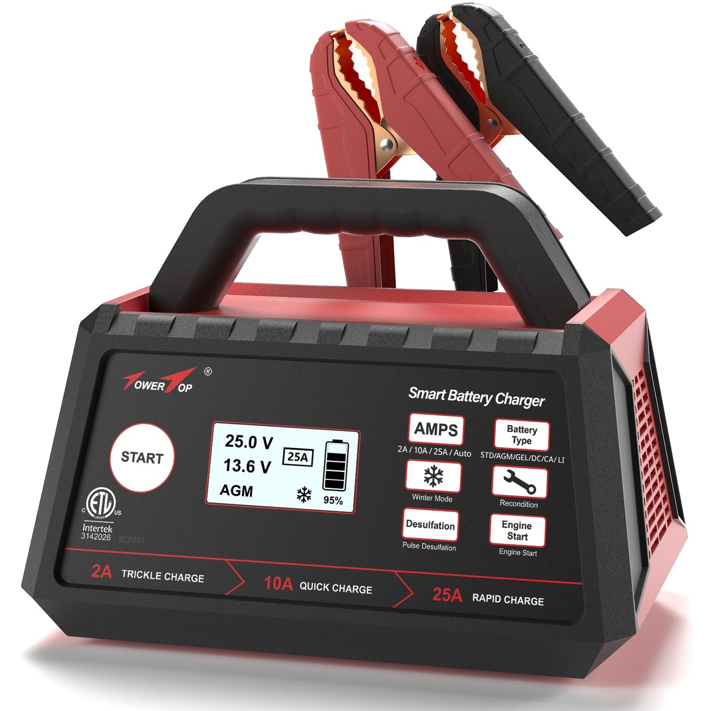 TowerTop 2/10/25 Amp 12V Smart Car Battery Charger, Fully Automatic Battery Maintainer with Engine Start, Auto Desulfator, Battery Repair, Winter Mode, for AGM, STD, Gel, Deep Cycle Batteries