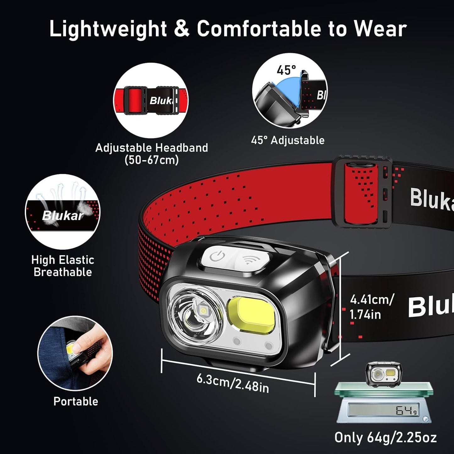 Blukar LED Headlamp Rechargeable,2000L Super Bright Headlight with Motion Sensor -Dimmable Brightness,8 Modes,Spotlight&Floodlight&Red Light Combination,IPX5 Waterproof for Hiking,Camping - 2 Pack