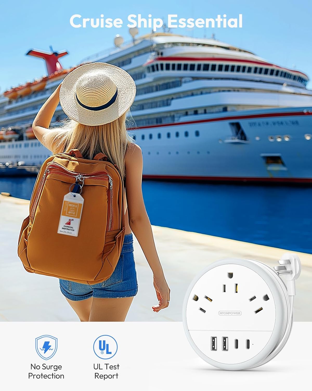 NTONPOWER Travel Power Strip, Travel Essentials, Cruise Essentials 3 Outlets 4 USB Ports(2 USB C), 4FT Wrapped Around Extension Cord for Travel Cruise Ship Beach Vacation Essentials White