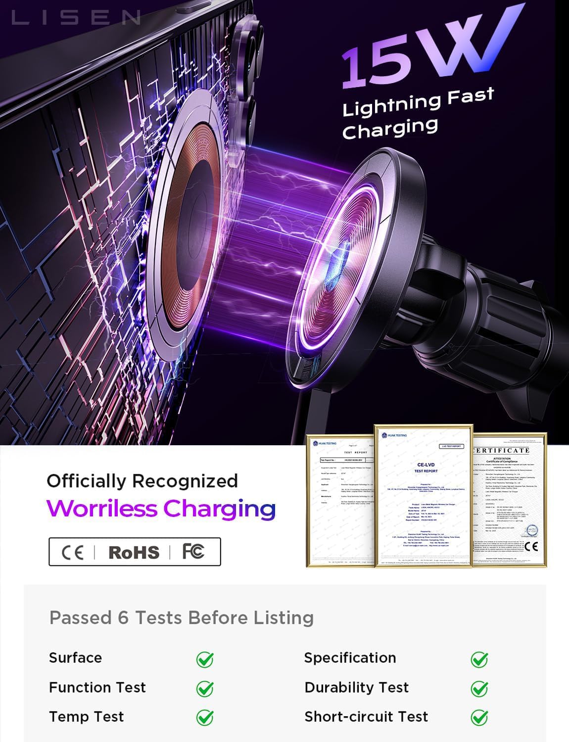 LISEN for 15W MagSafe Car Mount Charger,Magnetic Wireless Cars Charger,Magnetic Phone Holder for Cars,Phone Holders for Your Car Accessories for Women Men Jeep Ford F150 for iPhone 17-12,Samsung,Pixel