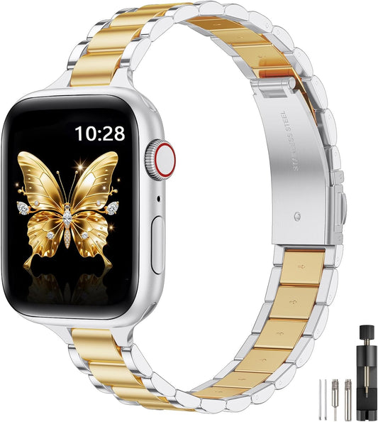 WFEAGL Thin Metal Bands Compatible with Apple Watch Band 42mm (Series 11 10) 41mm 40mm 38mm for Women, Slim Stainless Steel Wristbands for iWatch SE Series 9 8 7 6 5 4 3 2 1 (Silver+Gold)