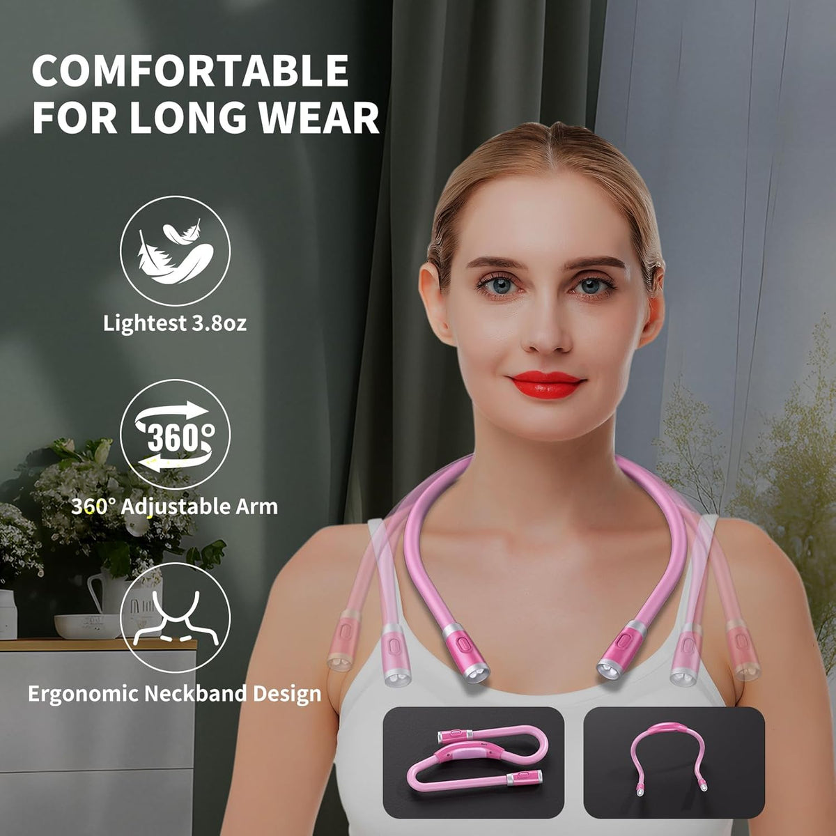 LUXJET Neck Reading Light & Book Light for Reading in Bed - Hands Free, 3 Colors & 6 Brightness Levels, 360° Flexible Arms, 80-Hour Rechargeable - Reading, Knitting, Camping, Repairing
