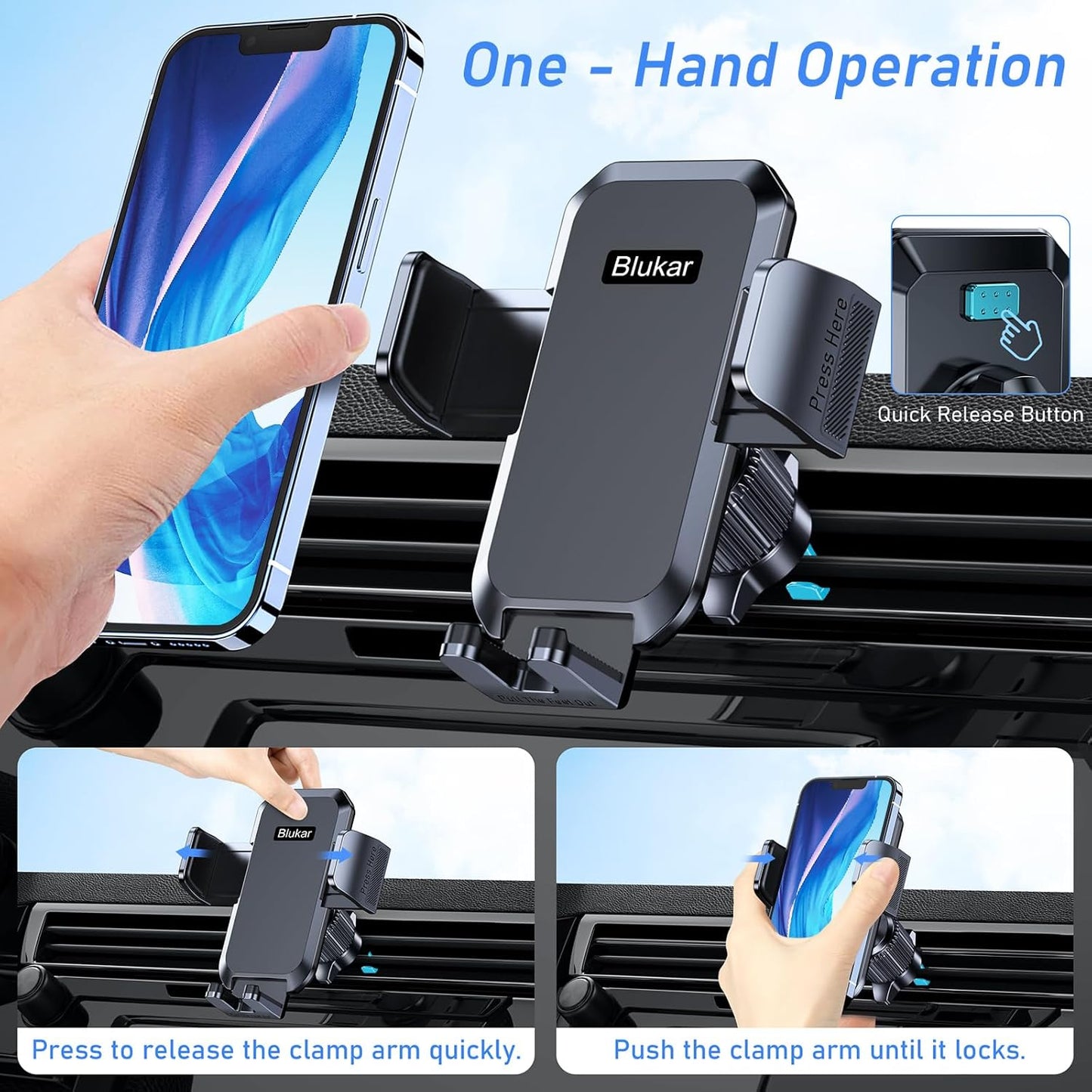 Blukar Car Phone Holder Mount, Super Stable Air Vent Cell Phone Car Mount with 2025 Metal Hook Clip, 360° Rotation,One Button Release for iPhone, Galaxy, Google, and All Other Smartphones