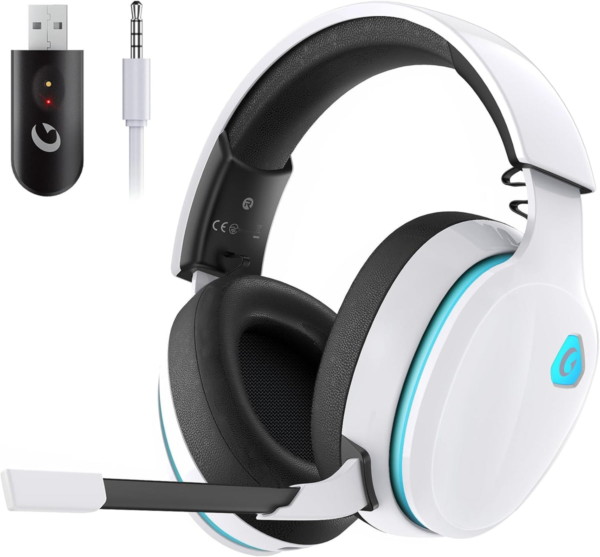 Gtheos 2.4GHz Wireless Gaming Headset for PS5, PS4 Fortnite & Call of Duty/FPS Gamers, PC, Nintendo Switch, Bluetooth 5.3 Gaming Headphones with Noise Canceling Mic, Stereo Sound, 40+Hr Battery -White