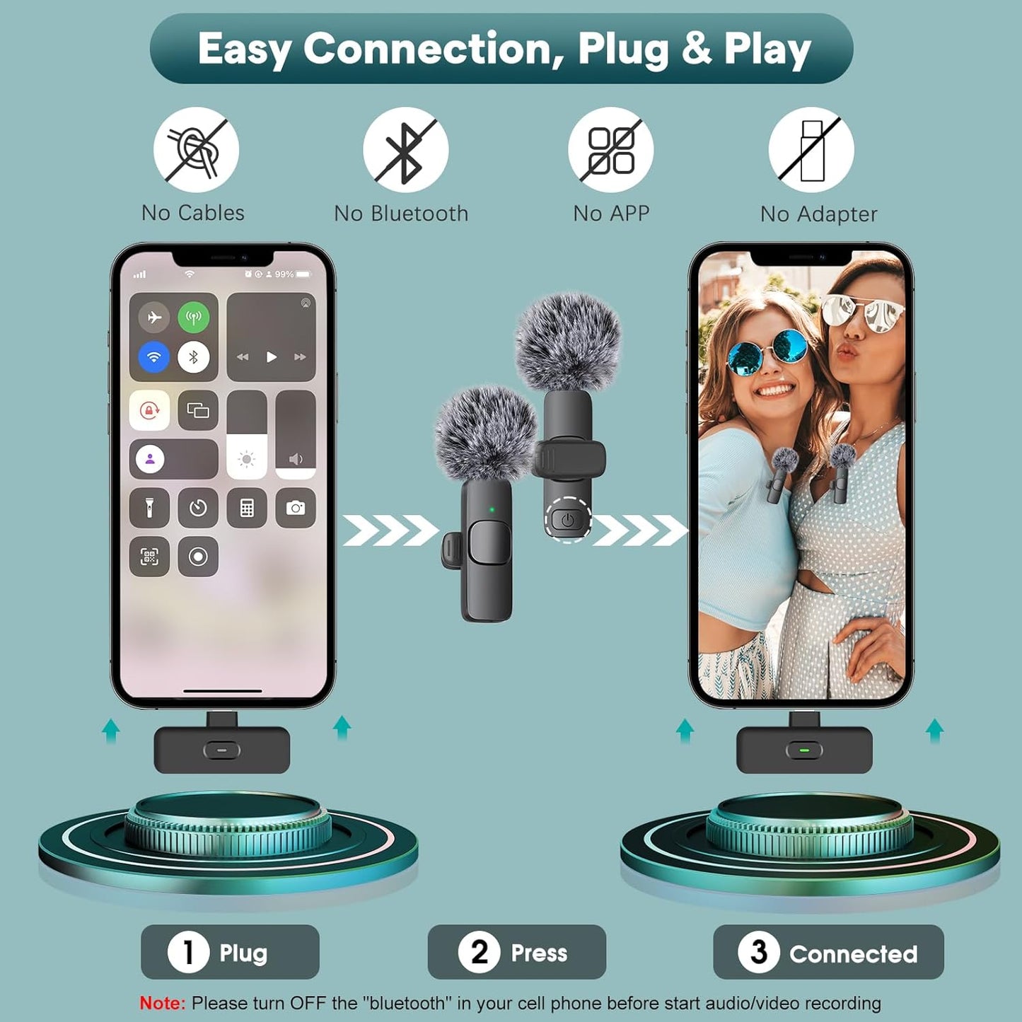 MAYBESTA Wireless Mini Microphone for iPhone, Android Phone - Bluetooth Lavalier Lapel Mic for Audio Video Recording - Clip on Content Creator Microphones for YouTube Tiktok Podcast Vlogging