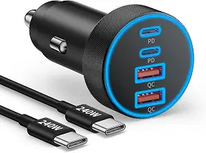 Car Charger USB C Fast Charge, 90W 4-Port Car Phone Charger Super Fast Charging Dual USB-C & USB-A Cigarette Lighter Adapter with 240W Type C Cable for Samsung Galaxy S26/S25/S24/ S23, Pixel, Android