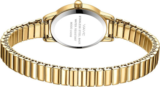 VAVC Small Gold Watch for Women – Stainless Steel Stretch Band, Roman Dial, Water Resistant