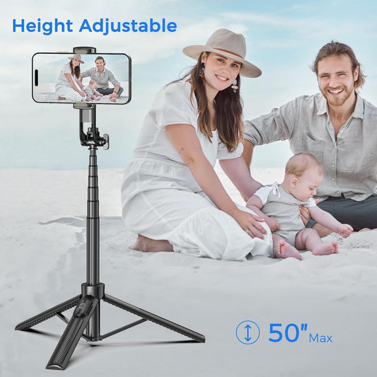50” Selfie Stick Tripod for iPhone – Extendable Travel Phone Stand with Remote Control (Black)
