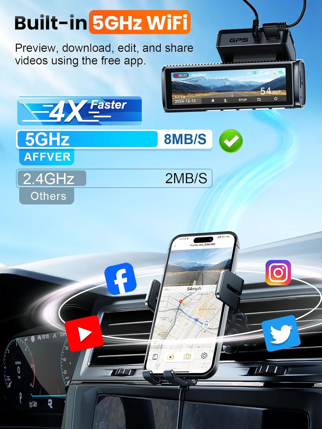 Affver 4K+2.5K Dash Cam Front and Rear, Built-in 5G WiFi 6 GPS Dual Dashcam | 64GB Card Included, 3.59" IPS Screen, APP Control, G-Sensor, Loop Recording, 24H Parking Mode, Night Vision, Car Dash Camera
