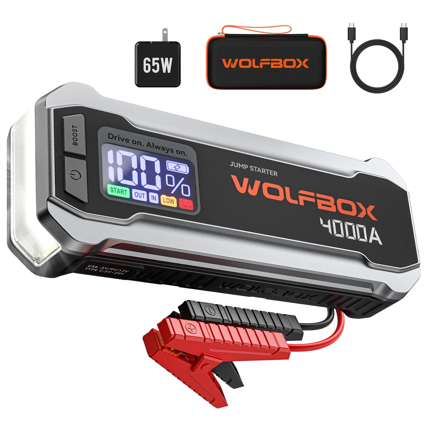 WOLFBOX 4000A Jump Starter,12V Car Battery Jumper Starter Portable with 65W Quick Charger,LED Display,88.8Wh Booster Jump Box Pack (10L Gas 10L Diesel Engine) with LED Light,Jumper Cables, MV24