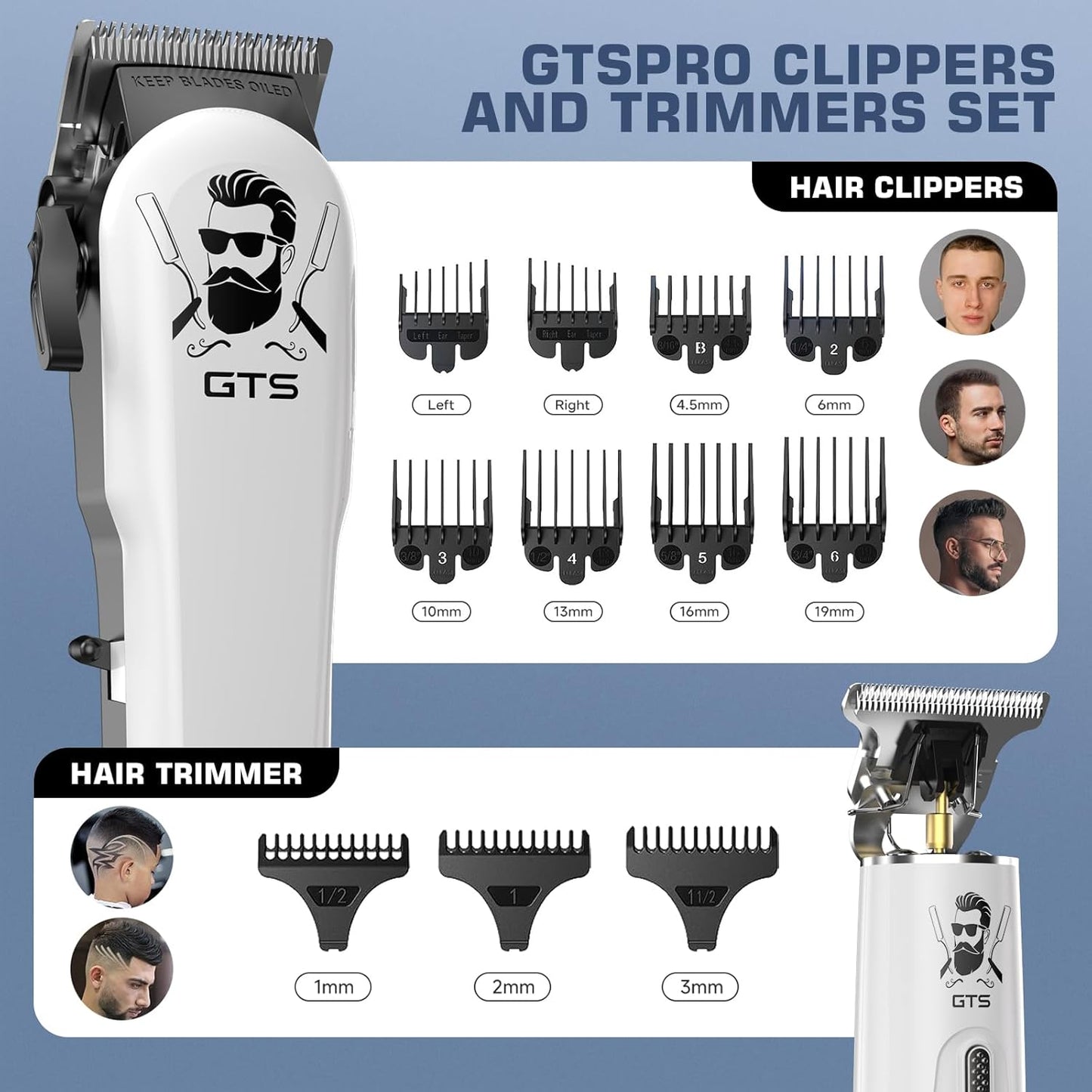 GTSPro Hair Clippers for Men, Clippers and Trimmers Set, Barber Clippers, Electric Hair Trimmer with Box, Gifts for Men White