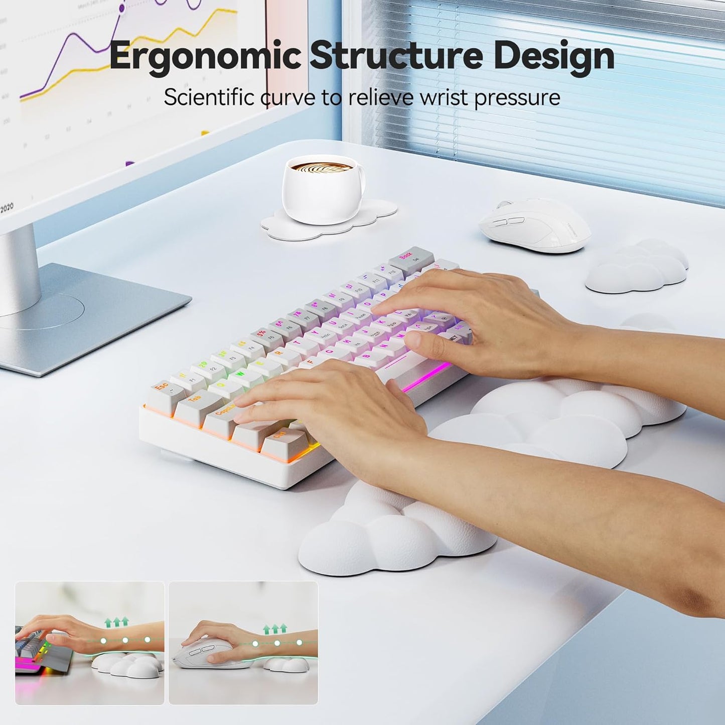 TECKNET Cloud Keyboard Wrist Rest Set, Cloud Wrist Rest with Non-Slip Base, PU Leather Wrist Pad for Keyboard with Ergonomic Memory Foam for Computer Laptop Office Gaming and Pain Relief, White