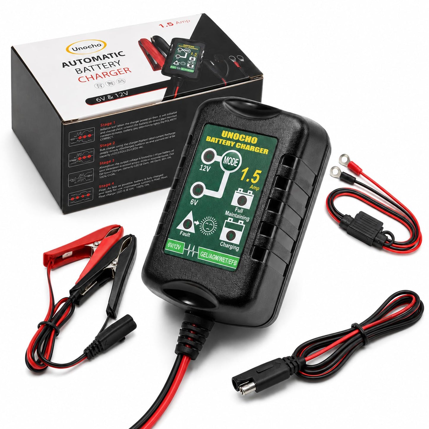 Unocho 6V/12V Battery Charger Maintainer 1.5A Automatic Trickle Charger Smart Float Charger for Car Motorcycle Lawn Mower Boat ATV Snowmobile Lead-Acid AGM GEL SLA VRLA WET Batteries