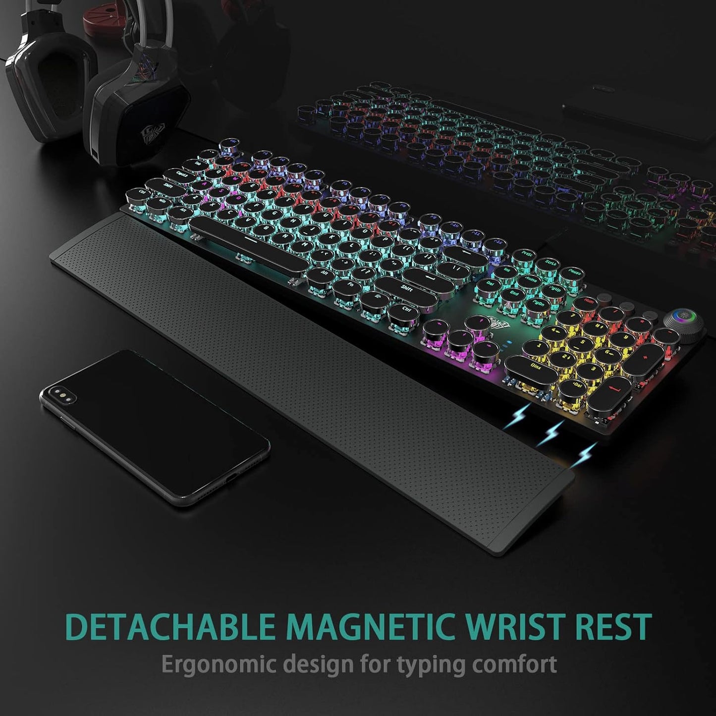 AULA F2088 Typewriter Style Mechanical Gaming Keyboard Wired,Blue Switches,Rainbow LED Backlit,Removable Wrist Rest,Media Control Knob,Retro Punk Round Keycaps,USB Wired Computer Keyboard