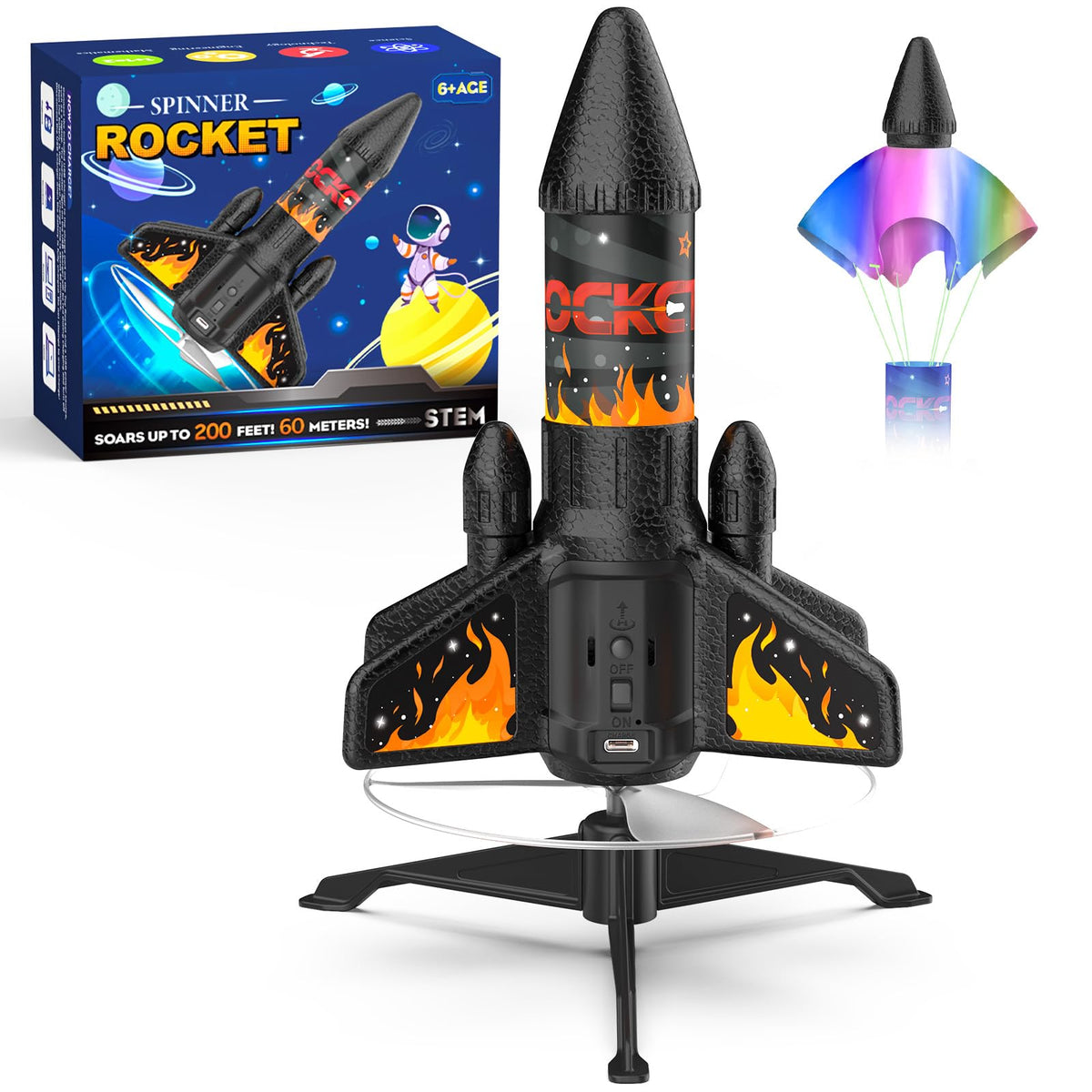 Rocket Launcher for Kids, 200 ft Self Launching Motorized Rocket Toy with LED and Safety Parachute Land, Outdoor Toys Cool Birthday for Boys Ages 8-12 (Orange)