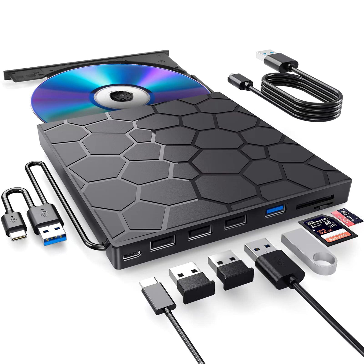 External CD/DVD Drive for Laptop, DVD Player for Laptop, 8 in 1 USB 3.0 Ultra-Slim Portable, CD Burner External Disk Drive Optical Compatible with Desktop Mac,Windows 11/10/8/7 Linux