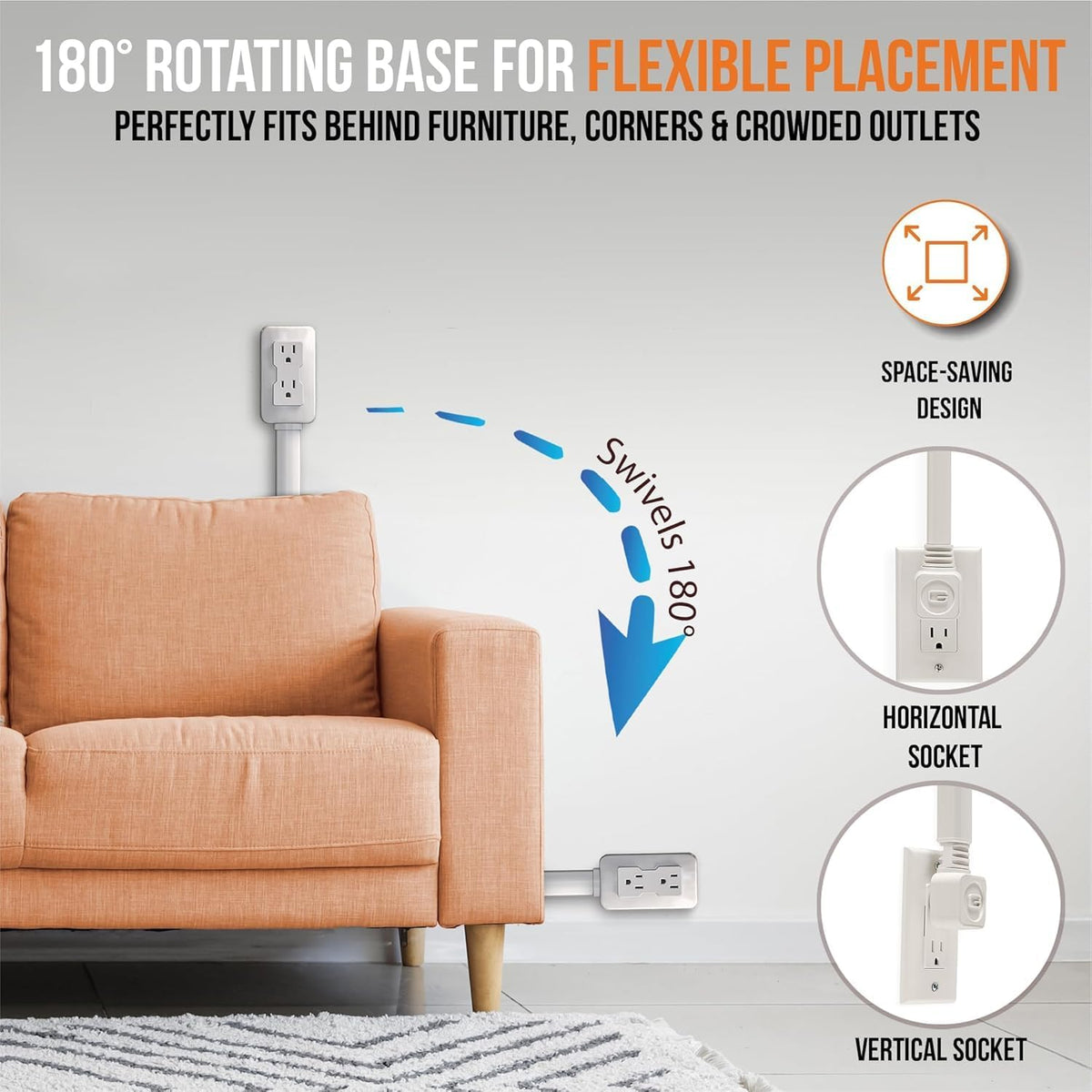 EZ Outlet Electrical Outlet Extender. Access Hard-to-Reach Outlets! Features USB-A, USB-C, and 2 AC Outlets, Extends 22"-34", Rotates 180°. Use Behind Couches, Nightstands, Desks, and More.