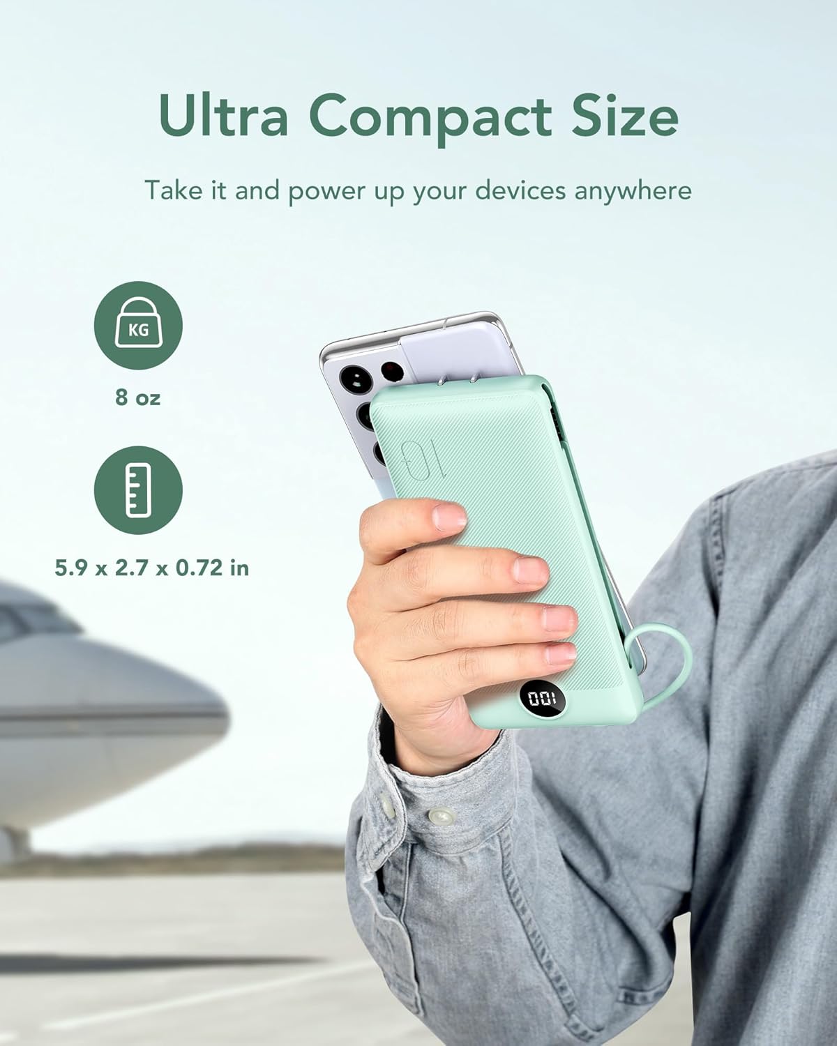 VEGER Portable Charger, Ultra Slim Power Bank Built in Wall Plug and Cables | 10000mAh All in One USB C External Battery Pack, Travel Essentials, Compatible with iPhone, iPad, Samsung, Android, Green