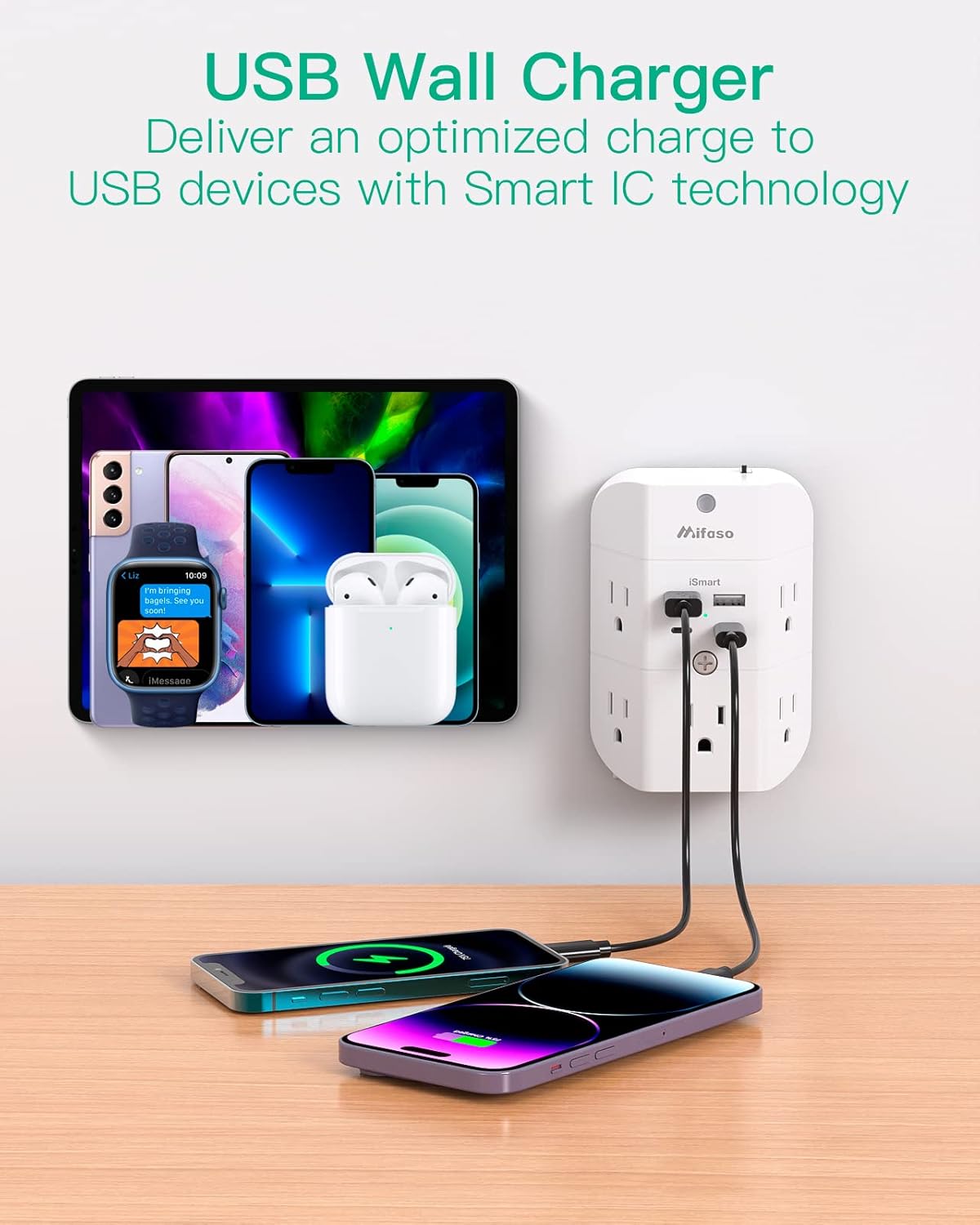 Surge Protector Outlet Extender - with Night Light, 5-Outlet Splitter and 4 USB Ports (2 USB C Charger), Multi Plug Outlet for Home, Dorm Room Essentials