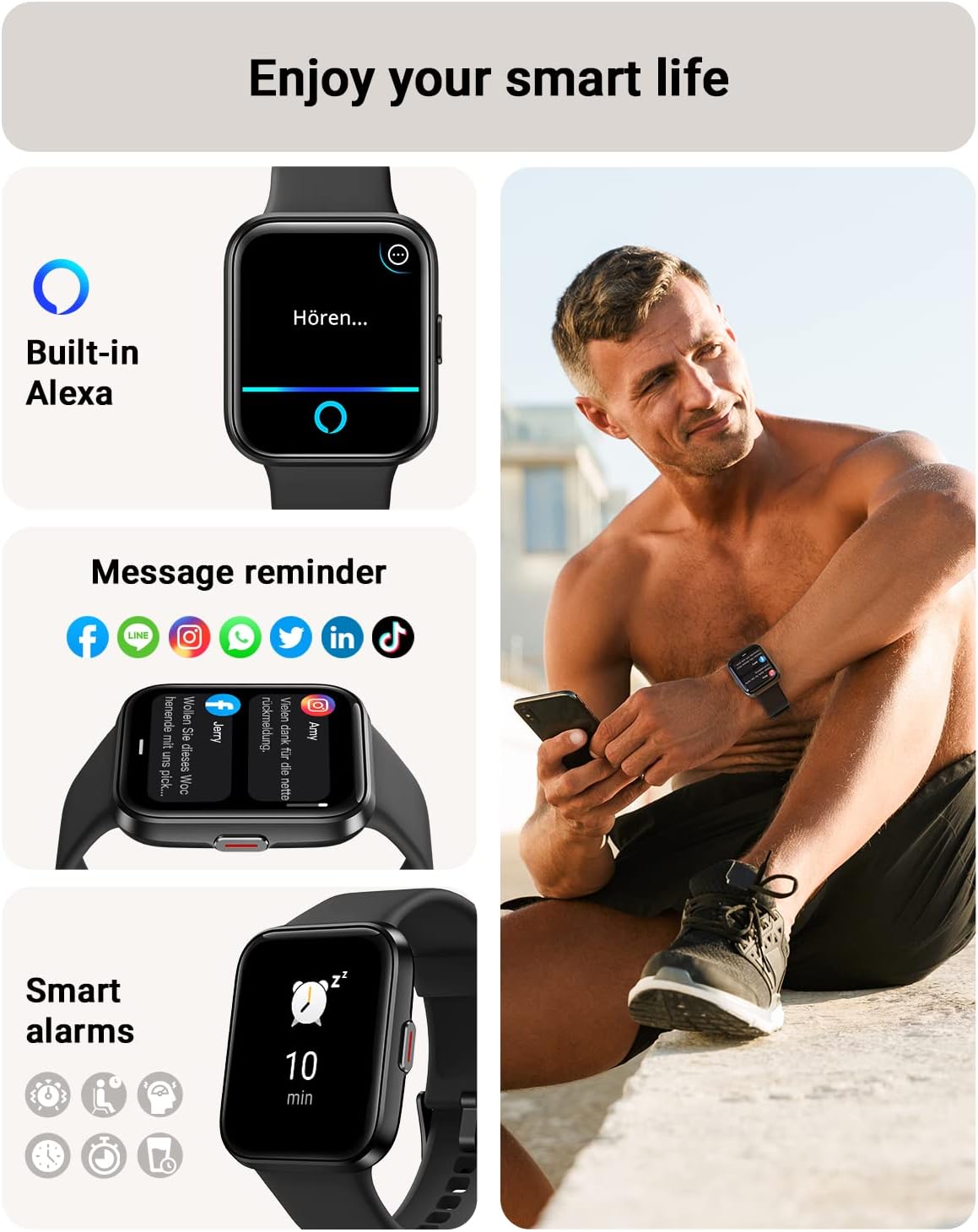 Tensky Smart Watch for Men/Women Android & iPhone, Alexa Built-in, 1.8" Touch Screen Fitness Tracker with Answer/Make Calls, 3ATM Waterproof Heart Rate/Sleep/SpO2 Monitor, Pedometer, 100+ Sport Modes