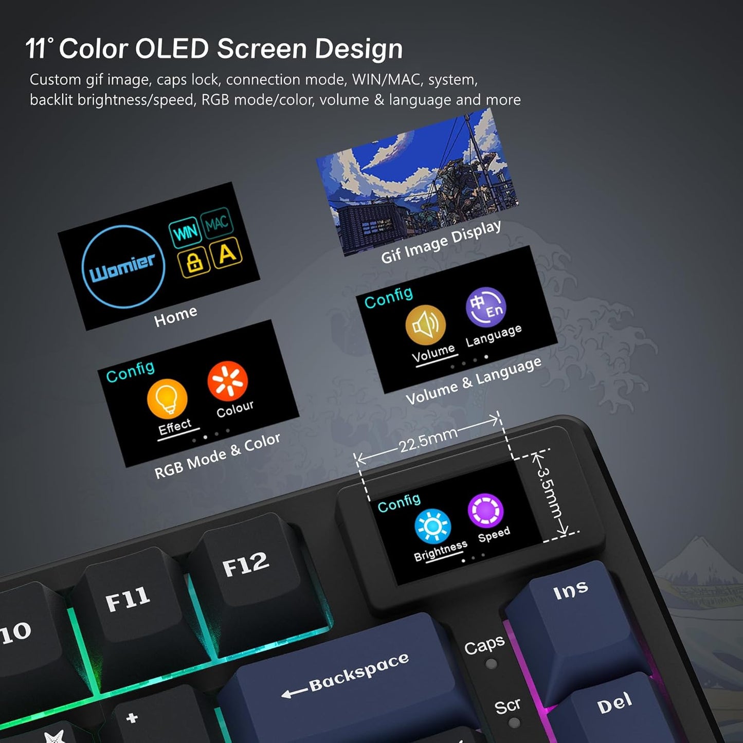 Womier SK80 75% Keyboard with Color Multimedia Display Mechanical Gaming Keyboard Creamy Sound, Wired Hot Swappable Gasket Mount RGB Custom Key Board, Pre-lubed Stabilizer for Mac/Win, Black Kanagawa