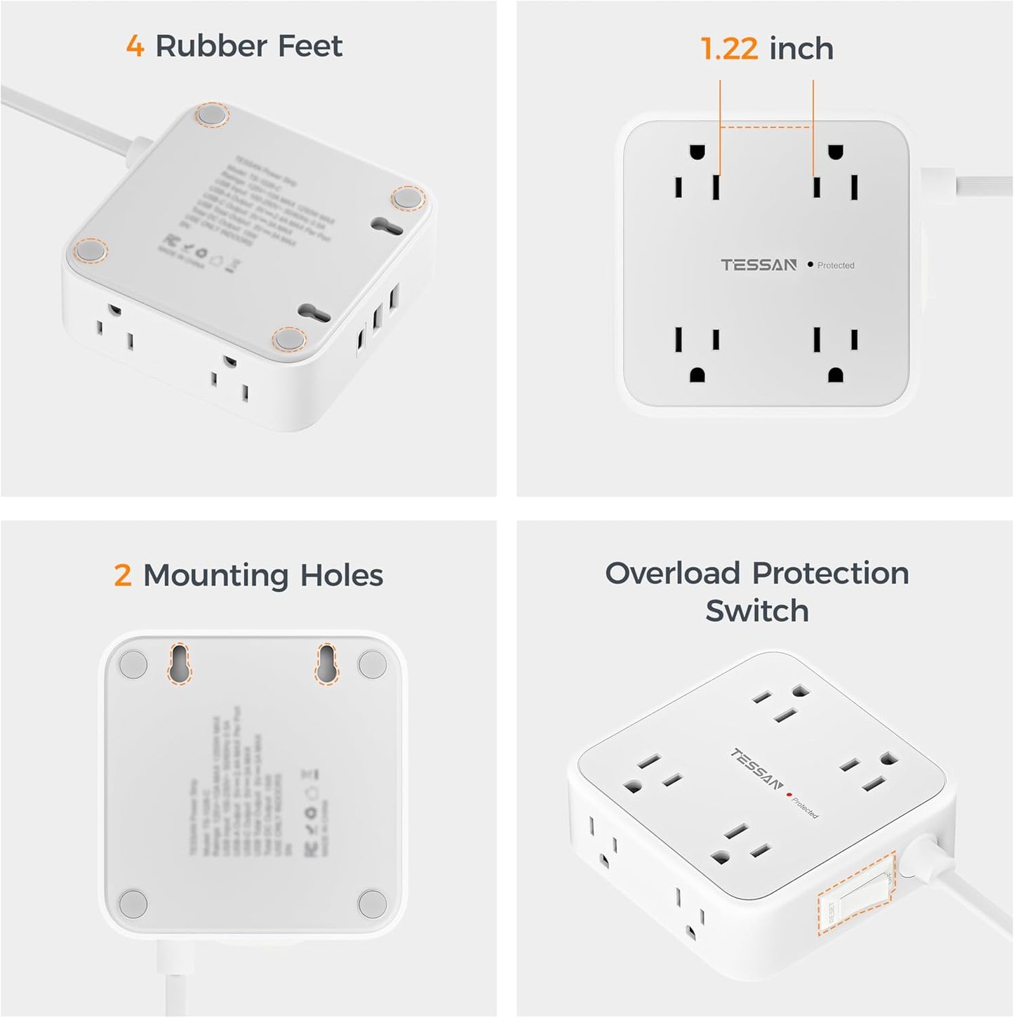 TESSAN Surge Protector Power Strip, 5 Ft Flat Plug Extension Cord with 3 USB (1 USB C) 8 Outlets, 1250W, 900J Protection, 3 Sided Outlet Extender with Power Switch for Office, Dorm Room Essentials