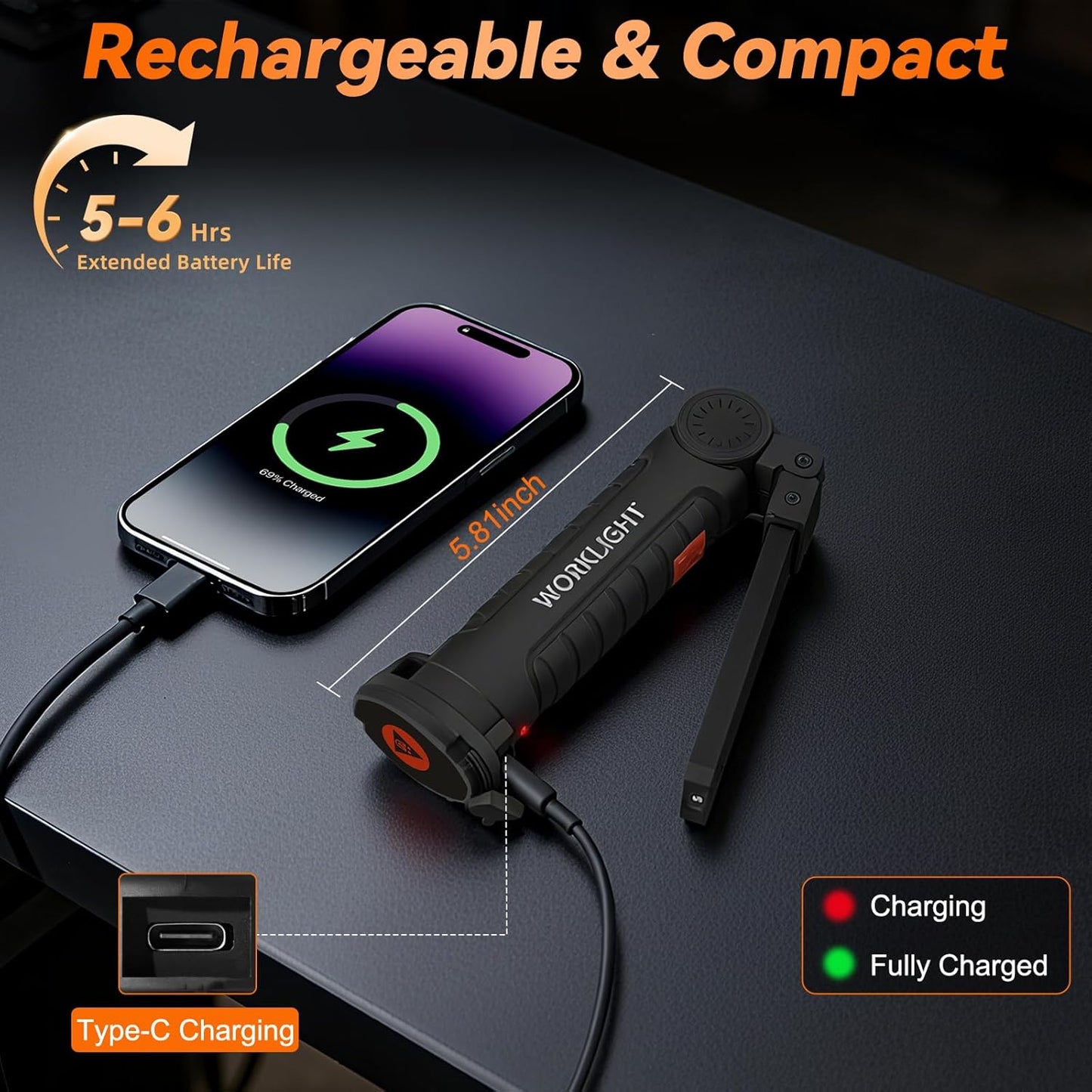 Magnetic Work Light 6Pack, Rechargeable Work Light with 360° Rotation, 5 Mode Mechanic Light, Compact Rechargeable Flashlight with Hook for Car Repairing, Emergency, Valentines Day Tool Gifts for Him