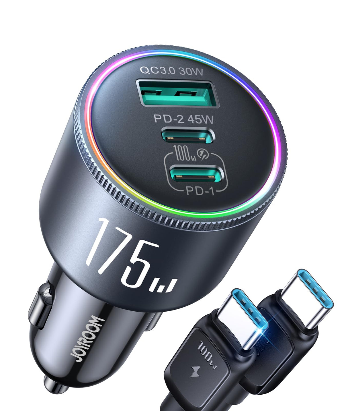 JOYROOM 175W Super Fast Car Charger [GaN] 3-Port Car Charger USB C Fast Charge with USB-C Cable, Car Cigarette Lighter USB Charger for iPhone 17/16/15, Samsung S26/25, Pixel 10, MacBook, iPad and More