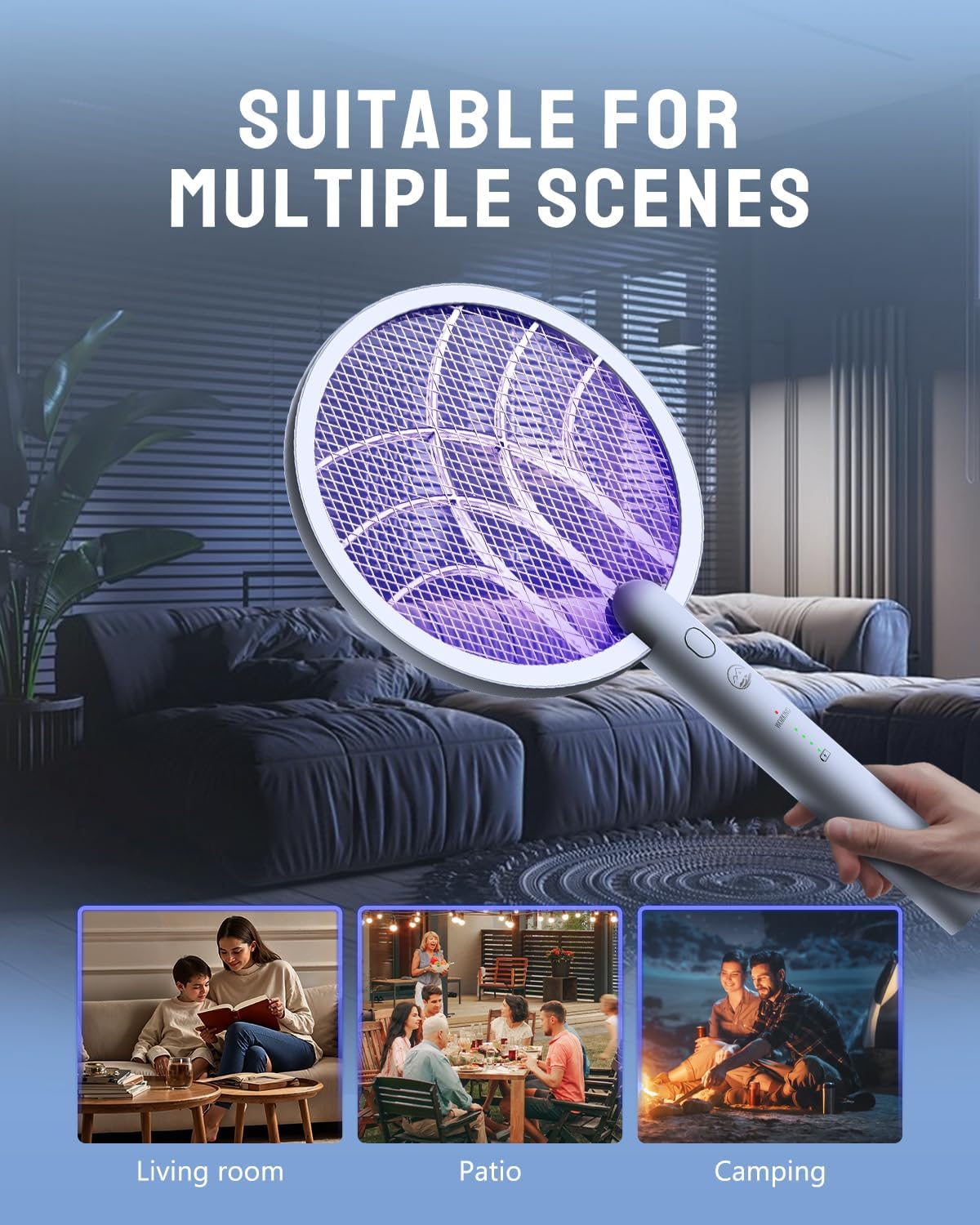 Electric Fly Swatter Racket, 4000V Bug Zapper with 1800mah Rechargeable Battery & Dual Modes, 2 in 1 Purple Mosquito Light Killer with 3-Layer Safety Mesh for Indoor Home Patio Camp(1 Pack)