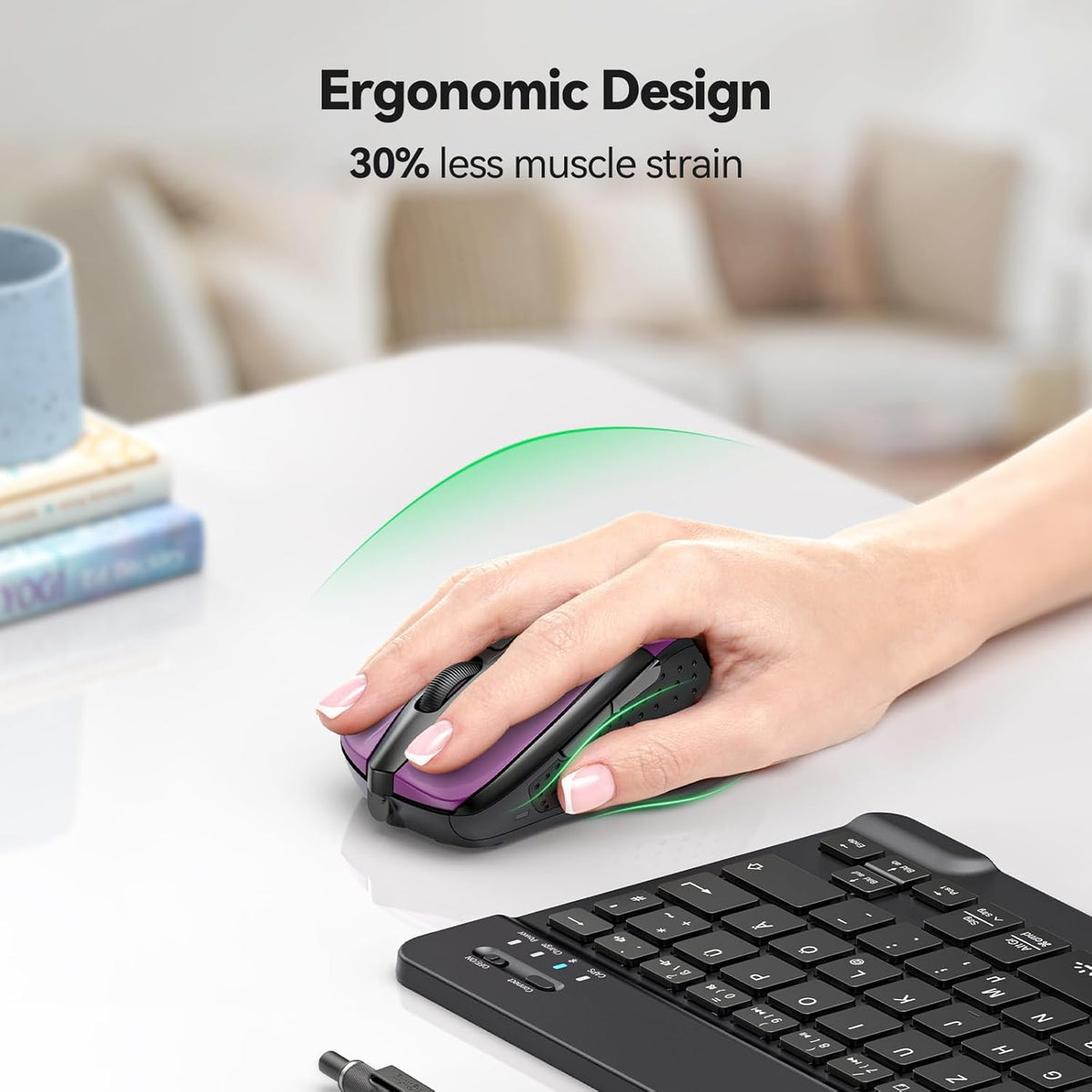 TECKNET Wireless Mouse, 2.4G Ergonomic Optical Mouse, Computer Mouse for Laptop, PC, Computer, Chromebook, Notebook, 6 Buttons, 24 Months Battery Life, 2600 DPI, 5 Adjustment Levels - Purple