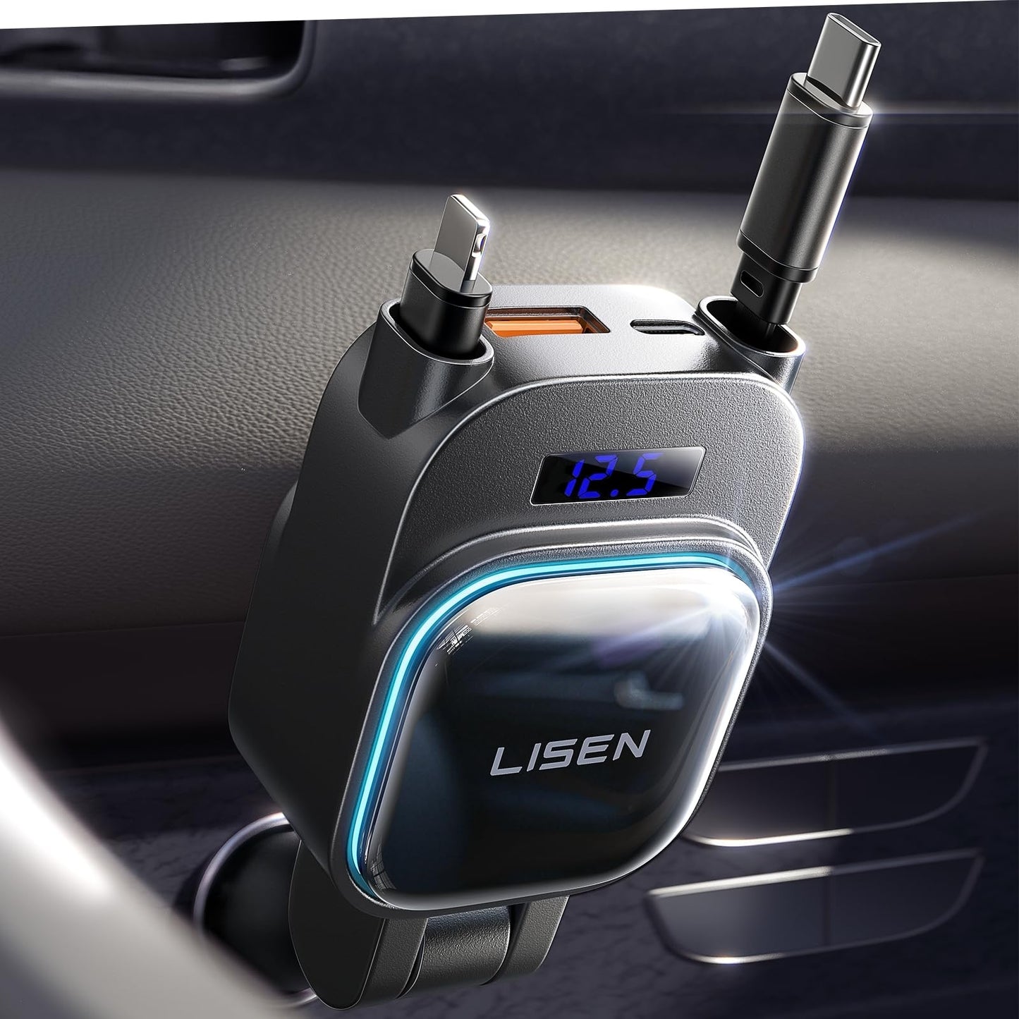 LISEN 96W 4 in 1 Retractable Car Charger with USB C & Lightning Cable for iPhone 17 Pro Max 16 15 14 13 12, Samsung Galaxy S25 S24, Android - Fast Charging Cigarette Lighter Adapter