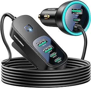 Rocoren 105W 6‑Port PD USB‑C Car Charger with 5FT Cable, Travel Essentials | Cigarette Lighter Adapter Powers Multiple Devices At Once, Car Accessory For Road Trips And Compatible With IPhone 17/16