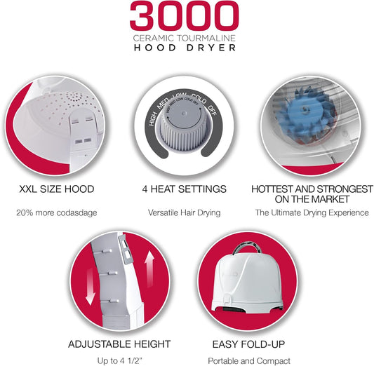Red by Kiss 3000 Ceramic Tourmaline Professional Hood Dryer, 4 Heat Settings Blow Dryer for Home & Salon, Height Adjustable Convenient Big Hood Size Extra Coverage (1875 Wattage)