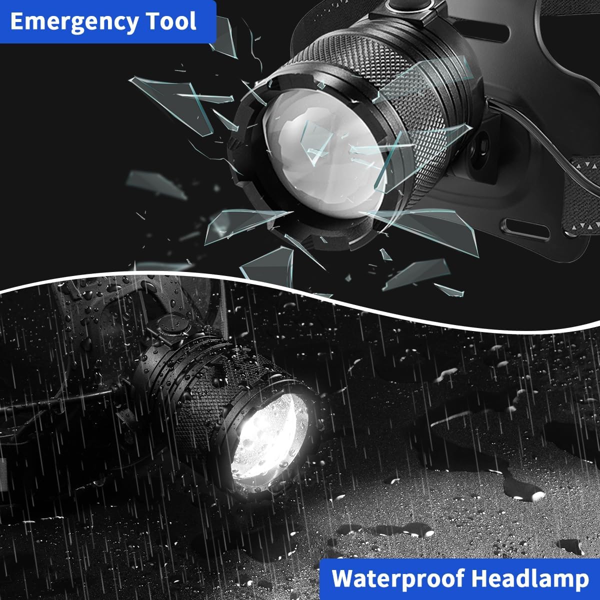 Super Bright Aluminum Headlamp, Rechargeable Headlamp High Lumen, 90° Adjustable Focus Head Lights for Forehead, Head Lamps LED Rechargeable, Waterproof Headlamps for Adults Camping Hard Hat