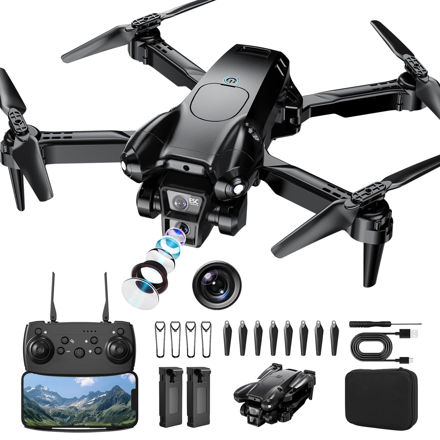Drone with Camera 1080P HD,Mini Drone for Beginners Kids Adults,Foldable RC Quadcopter with Stable Hover,Trajectory Flight,One Key Take Off/Land,2 Batteries,Toys for Boys and Girls (Black)